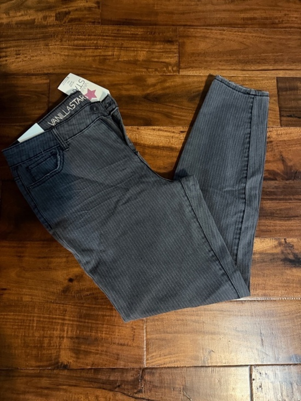 Vanilla Star Women's Skinny Jeans in Charcoal Gray Pinstripe